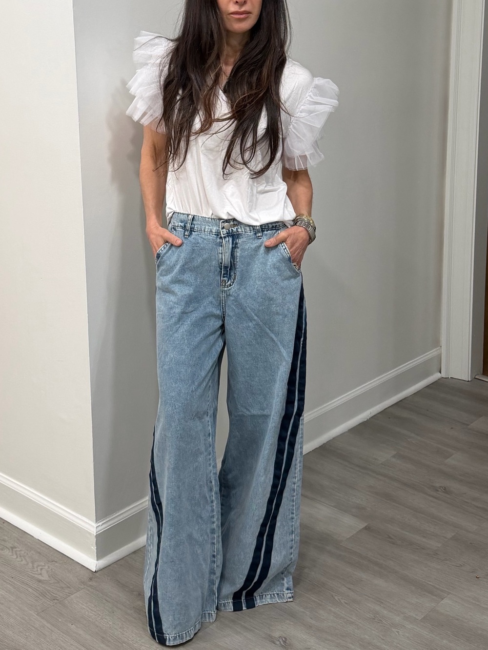 ShopEvelynne Light Blue Wide Leg Jeans with Dark Blue Side Stripes